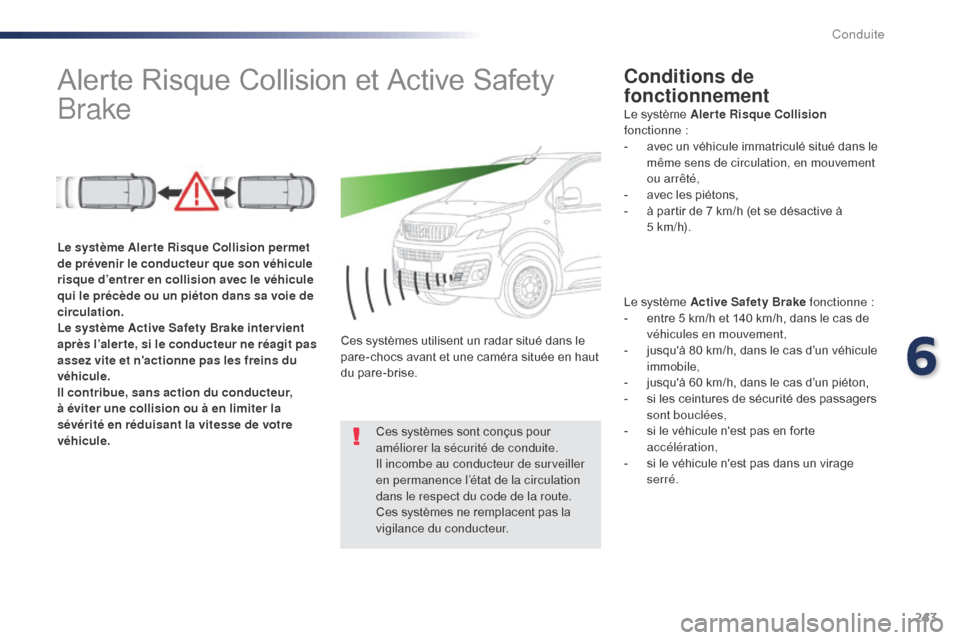 Peugeot Expert VU 2016 Manuel du propriétaire (in French) 243
Alerte Risque Collision et Active Safety
BrakeConditions de
fonctionnement
Le système Active Safety Brake fonctionne :
- e ntre 5 km/h et 140 km/h, dans le cas de
véhicules en mouvement,
-
Peugeot Expert VU 2016 Manuel du propriétaire (in French) 243
Alerte Risque Collision et Active Safety
BrakeConditions de
fonctionnement
Le système Active Safety Brake fonctionne :
- e ntre 5 km/h et 140 km/h, dans le cas de
véhicules en mouvement,
-