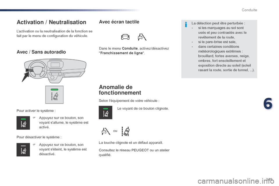 Peugeot Expert VU 2016 Manuel du propriétaire (in French) 249
Avec / Sans autoradio
Activation / Neutralisation
F Appuyez sur ce bouton, son voyant sallume, le système est
activé.
F
A
ppuyez sur ce bouton, son
voyant séteint, le système est
désa Peugeot Expert VU 2016 Manuel du propriétaire (in French) 249
Avec / Sans autoradio
Activation / Neutralisation
F Appuyez sur ce bouton, son voyant sallume, le système est
activé.
F
A
ppuyez sur ce bouton, son
voyant séteint, le système est
désa
