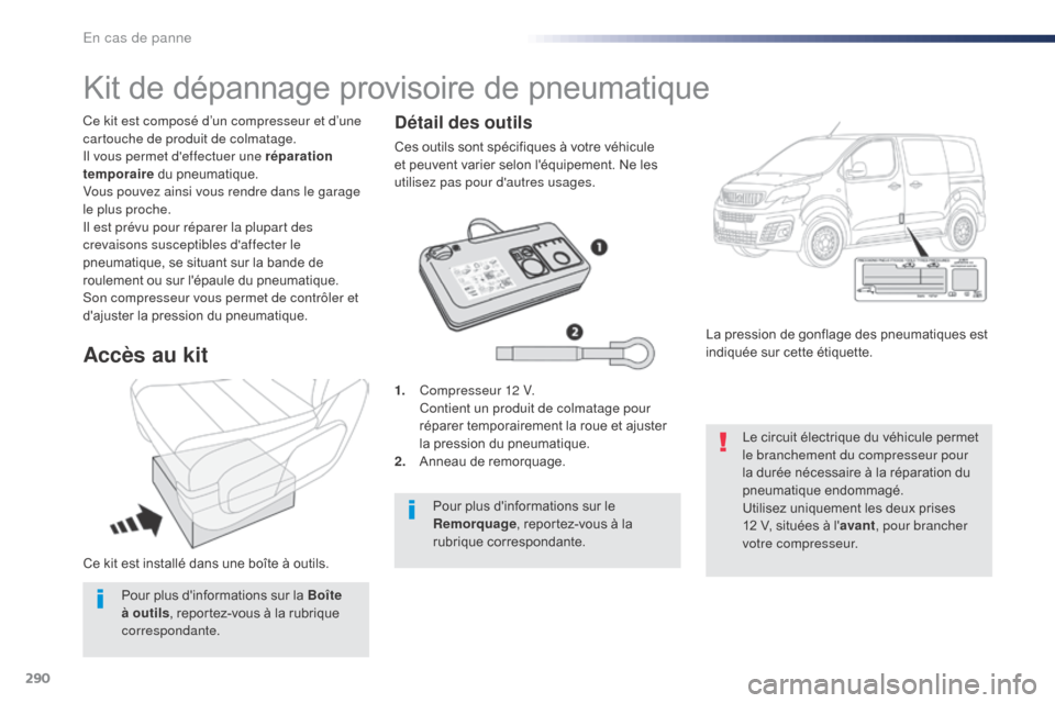 Peugeot Expert VU 2016 Manuel du propriétaire (in French) 290
Ce kit est installé dans une boîte à outils. Ce kit est composé d’un compresseur et d’une
cartouche de produit de colmatage.
Il vous permet deffectuer une réparation
temporaire du pneu Peugeot Expert VU 2016 Manuel du propriétaire (in French) 290
Ce kit est installé dans une boîte à outils. Ce kit est composé d’un compresseur et d’une
cartouche de produit de colmatage.
Il vous permet deffectuer une réparation
temporaire du pneu