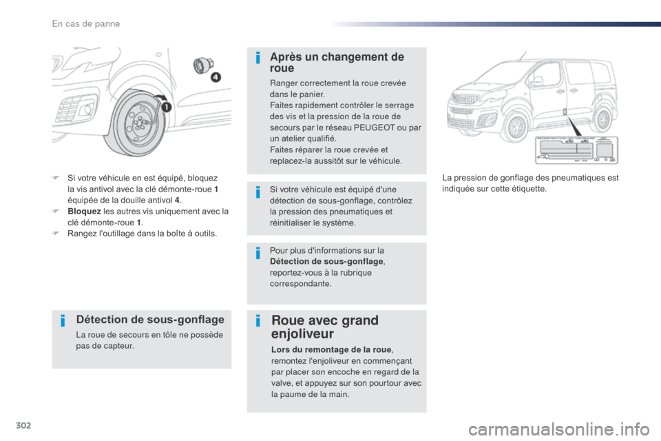 Peugeot Expert VU 2016 Manuel du propriétaire (in French) 302
F Si votre véhicule en est équipé, bloquez la vis antivol avec la clé démonte-roue 1
équipée de la douille antivol 4 .
F
B
loquez les autres vis uniquement avec la
clé démonte-roue Peugeot Expert VU 2016 Manuel du propriétaire (in French) 302
F Si votre véhicule en est équipé, bloquez la vis antivol avec la clé démonte-roue 1
équipée de la douille antivol 4 .
F
B
loquez les autres vis uniquement avec la
clé démonte-roue