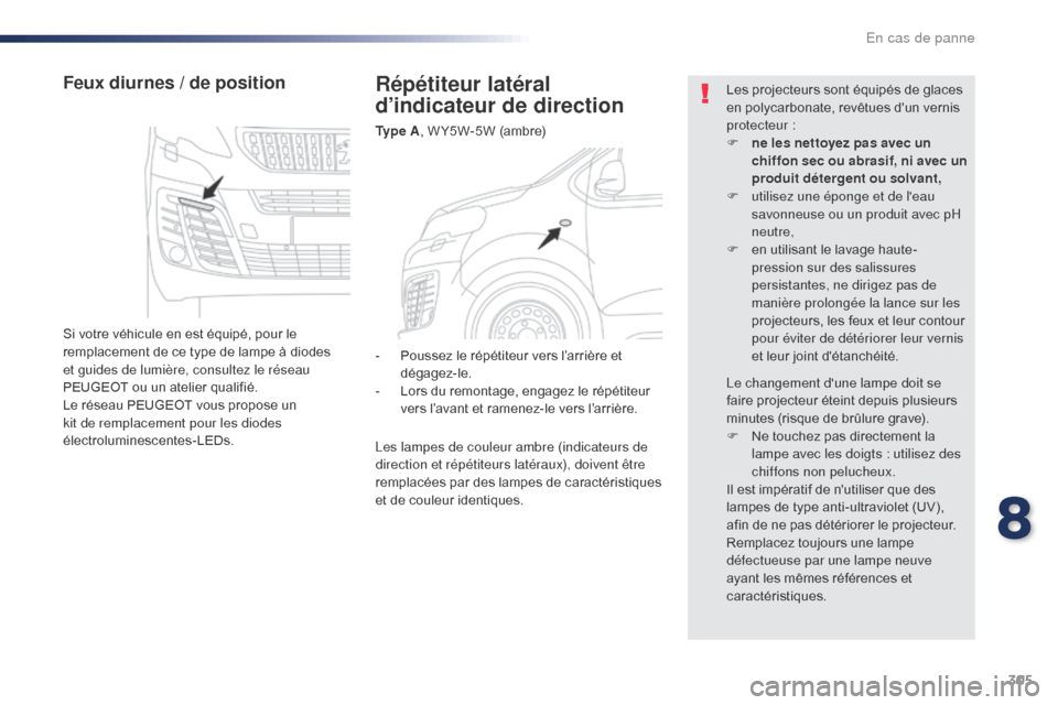 Peugeot Expert VU 2016 Manuel du propriétaire (in French) 305
Répétiteur latéral
d’indicateur de direction
Ty p e A, W Y5W-5W (ambre)
Feux diurnes / de position
Si votre véhicule en est équipé, pour le
remplacement de ce type de lampe à diodes
e Peugeot Expert VU 2016 Manuel du propriétaire (in French) 305
Répétiteur latéral
d’indicateur de direction
Ty p e A, W Y5W-5W (ambre)
Feux diurnes / de position
Si votre véhicule en est équipé, pour le
remplacement de ce type de lampe à diodes
e