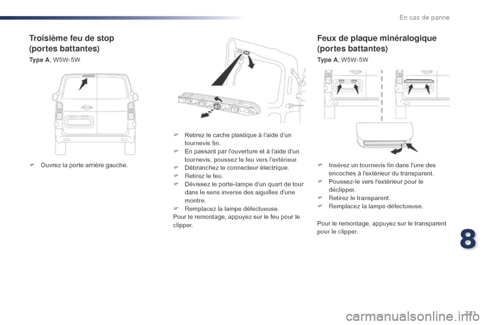 Peugeot Expert VU 2016  Manuel du propriétaire (in French) 311
Feux de plaque minéralogique
(portes battantes)
Ty p e  A, W5W-5W
F
 
R

etirez le cache plastique à l’aide d’un 
tournevis fin.
F
 
E

n passant par l’ouverture et à l’aide d’un 
tou