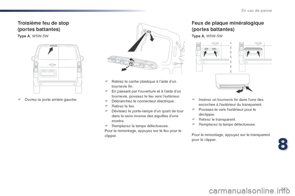 Peugeot Expert VU 2016 Manuel du propriétaire (in French) 311
Feux de plaque minéralogique
(portes battantes)
Ty p e A, W5W-5W
F
R
etirez le cache plastique à l’aide d’un
tournevis fin.
F
E
n passant par l’ouverture et à l’aide d’un
tou Peugeot Expert VU 2016 Manuel du propriétaire (in French) 311
Feux de plaque minéralogique
(portes battantes)
Ty p e A, W5W-5W
F
R
etirez le cache plastique à l’aide d’un
tournevis fin.
F
E
n passant par l’ouverture et à l’aide d’un
tou