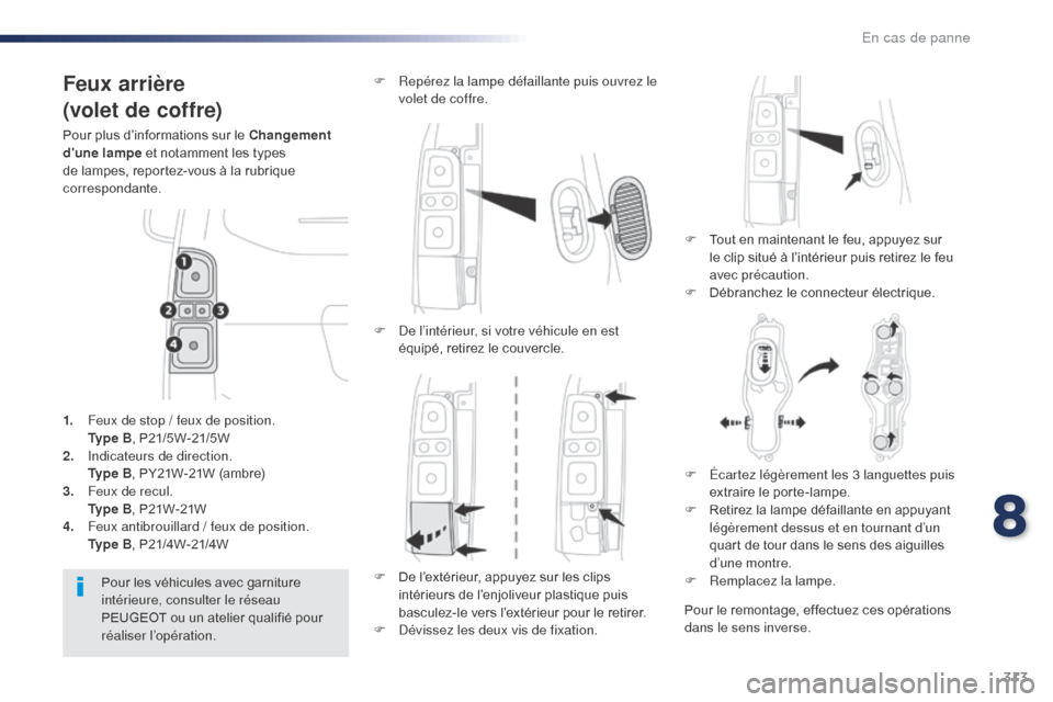 Peugeot Expert VU 2016 Manuel du propriétaire (in French) 313
Feux arrière
(volet de coffre)
Pour plus d’informations sur le Changement
dune lampe et notamment les types
de lampes, reportez-vous à la rubrique
correspondante.F
T
out en maintenant l Peugeot Expert VU 2016 Manuel du propriétaire (in French) 313
Feux arrière
(volet de coffre)
Pour plus d’informations sur le Changement
dune lampe et notamment les types
de lampes, reportez-vous à la rubrique
correspondante.F
T
out en maintenant l