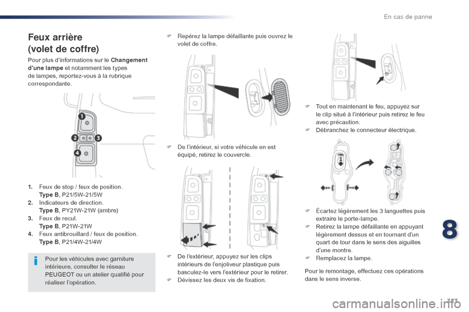 Peugeot Expert VU 2016  Manuel du propriétaire (in French) 313
Feux arrière
(volet de coffre)
Pour plus d’informations sur le Changement 
dune lampe et notamment les types 
de lampes, reportez-vous à la rubrique 
correspondante.F
 
T
 out en maintenant l