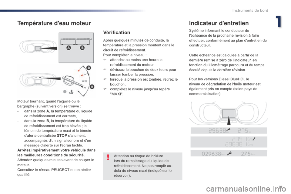 Peugeot Expert VU 2016  Manuel du propriétaire (in French) 31
Moteur tournant, quand l’aiguille ou le 
bargraphe (suivant version) se trouve  :
-
 
d
 ans la zone A , la température du liquide 
de refroidissement est correcte,
-
 
d
 ans la zone B, la temp