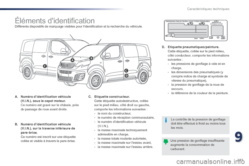 Peugeot Expert VU 2016  Manuel du propriétaire (in French) 337
Éléments didentificationDifférents dispositifs de marquage visibles pour lidentification et la recherche du véhicule.
A.
 N
uméro d’identification véhicule 
(V.I.N.), sous le capot moteu