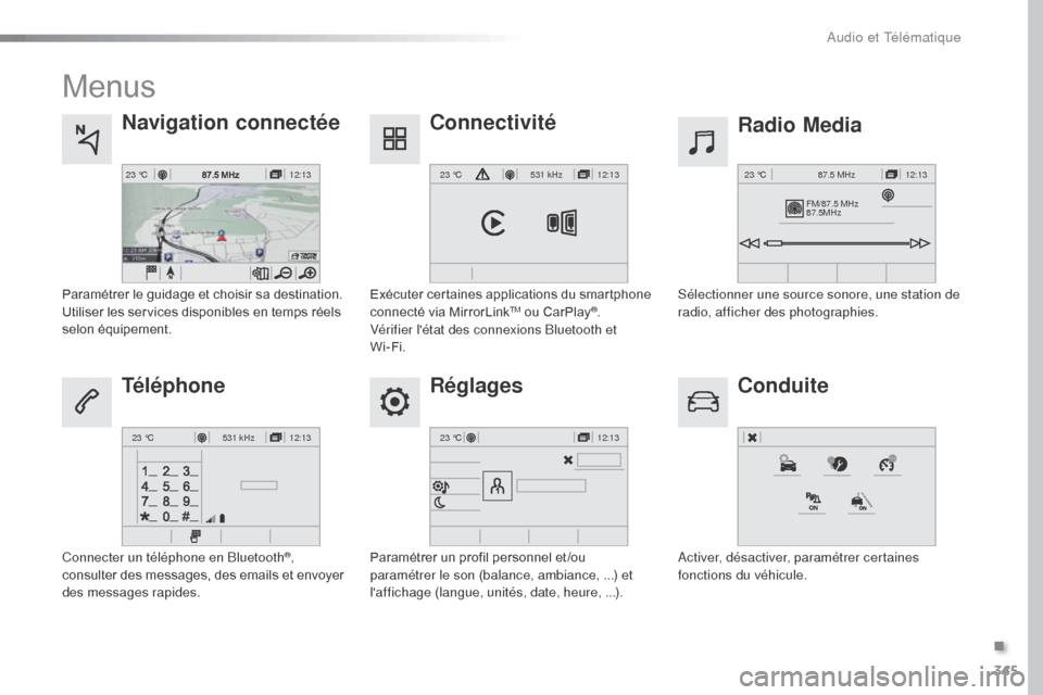 Peugeot Expert VU 2016  Manuel du propriétaire (in French) 345
12:13
23 °C12:13
23 °C531 kHz
FM/87.5 MHz
87.5MHz 12:13
23 °C 87.5 MHz
12:13
23 °C531 kHz12:13
23 °C
Menus
Réglages Radio Media
Navigation connectée
Conduite
Connectivité
Téléphone
Param