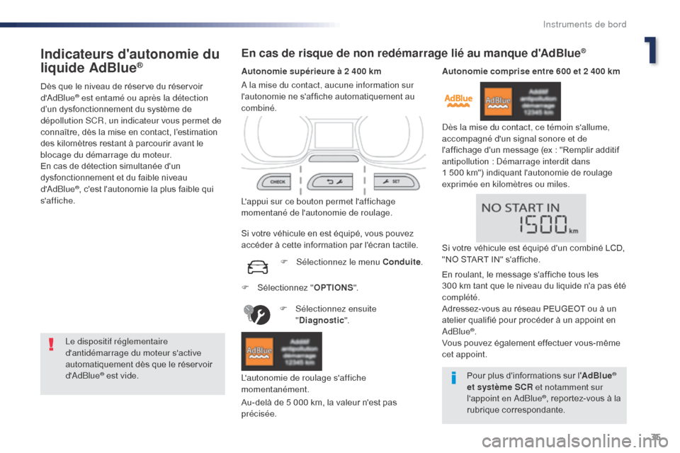 Peugeot Expert VU 2016 Manuel du propriétaire (in French) 35
Indicateurs dautonomie du
liquide AdBlue®
Dès que le niveau de réserve du réservoir
dAdBlue® est entamé ou après la détection
d’un dysfonctionnement du système de
dépollution SCR, Peugeot Expert VU 2016 Manuel du propriétaire (in French) 35
Indicateurs dautonomie du
liquide AdBlue®
Dès que le niveau de réserve du réservoir
dAdBlue® est entamé ou après la détection
d’un dysfonctionnement du système de
dépollution SCR,