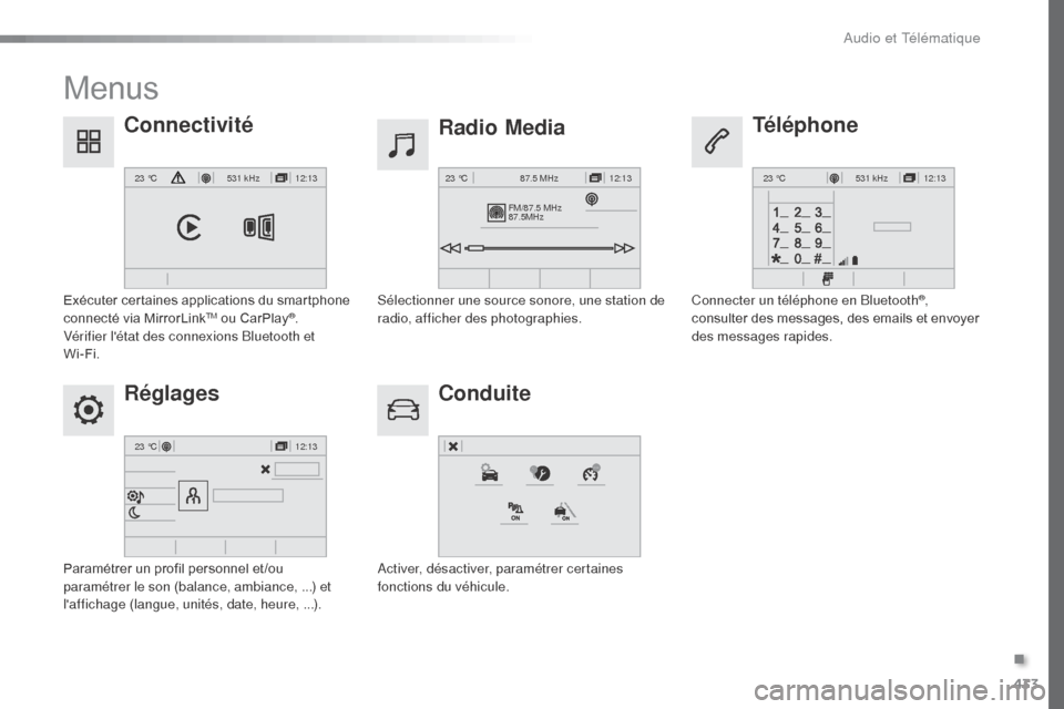 Peugeot Expert VU 2016  Manuel du propriétaire (in French) 433
12:13
23 °C531 kHz
FM/87.5 MHz
87.5MHz 12:13
23 °C 87.5 MHz
12:13
23 °C531 kHz
12:13
23 °C
Menus
Réglages Radio Media
Conduite
Connectivité
Téléphone
Paramétrer un profil personnel et /ou