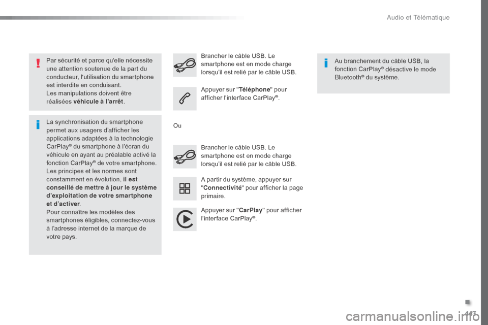 Peugeot Expert VU 2016  Manuel du propriétaire (in French) 443
Par sécurité et parce quelle nécessite 
une attention soutenue de la part du 
conducteur, lutilisation du smartphone 
est interdite en conduisant.
Les manipulations doivent être 
réalisées
