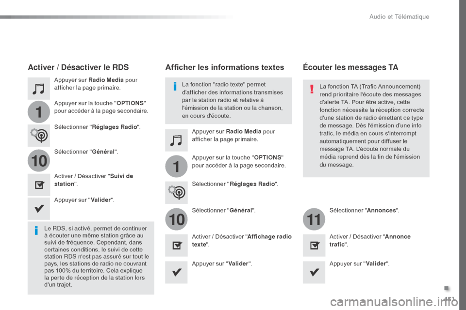Peugeot Expert VU 2016  Manuel du propriétaire (in French) 451
1
110
1011
Appuyer sur Radio Media pour 
afficher la page primaire.
Appuyer sur Radio Media pour 
afficher la page primaire.
Appuyer sur la touche "
OPTIONS" 
pour accéder à la page secondaire.
