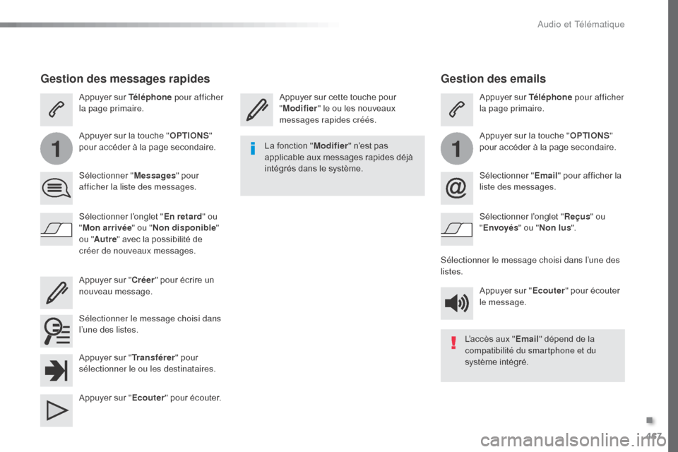 Peugeot Expert VU 2016 Manuel du propriétaire (in French) 467
11
Gestion des emails
Appuyer sur cette touche pour
"Modifier " le ou les nouveaux
messages rapides créés. Appuyer sur Téléphone
pour afficher
la page primaire.
Appuyer sur la touche " OPT Peugeot Expert VU 2016 Manuel du propriétaire (in French) 467
11
Gestion des emails
Appuyer sur cette touche pour
"Modifier " le ou les nouveaux
messages rapides créés. Appuyer sur Téléphone
pour afficher
la page primaire.
Appuyer sur la touche " OPT