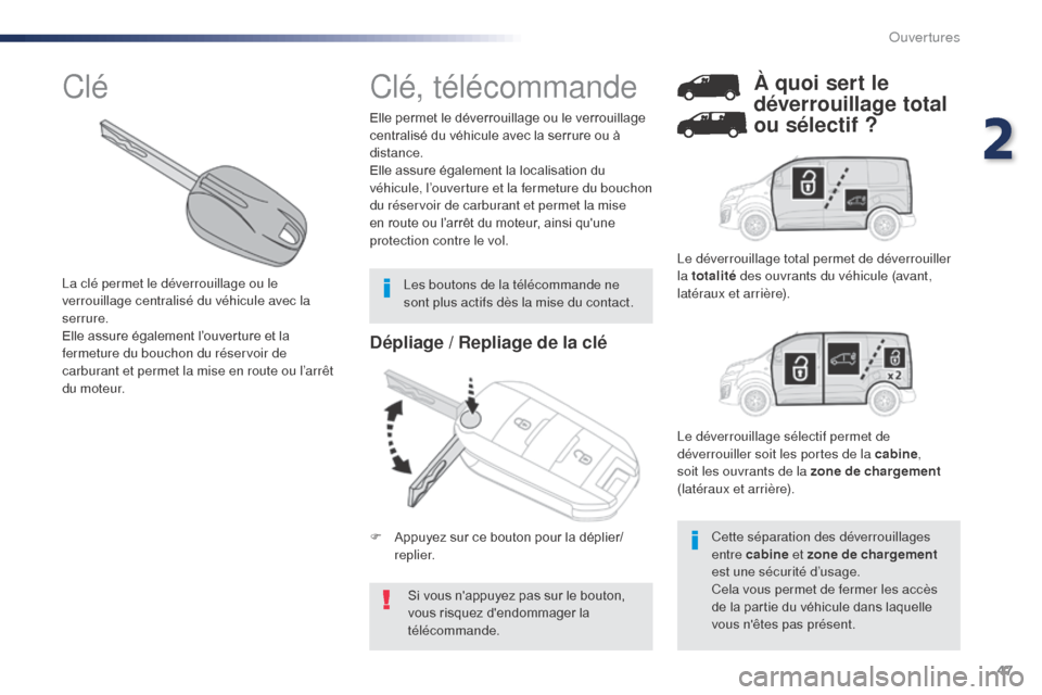 Peugeot Expert VU 2016  Manuel du propriétaire (in French) 47
Dépliage / Repliage de la clé
Si vous nappuyez pas sur le bouton, 
vous risquez dendommager la 
télécommande.
Elle permet le déverrouillage ou le verrouillage 
centralisé du véhicule avec 