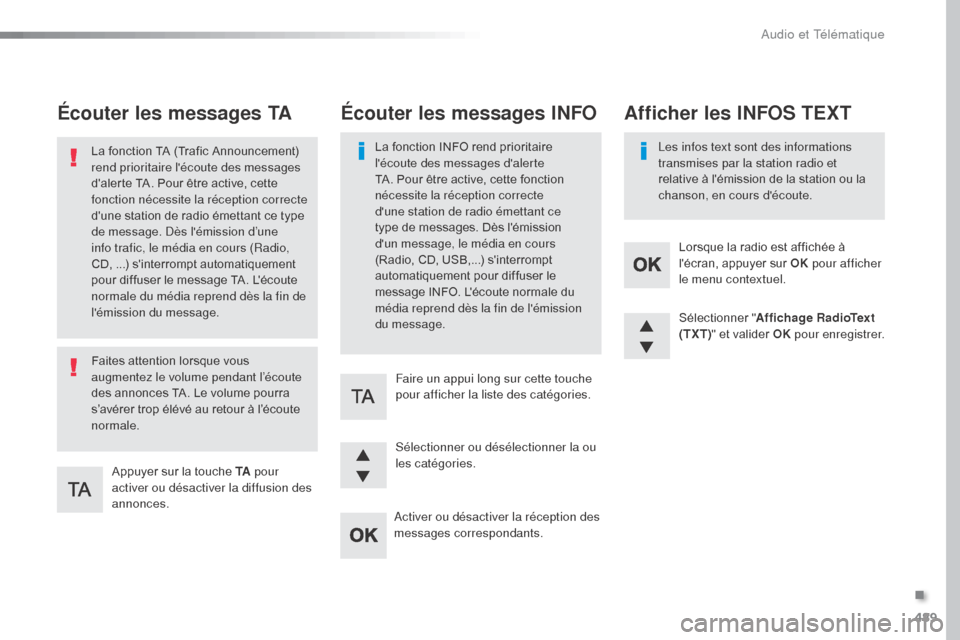 Peugeot Expert VU 2016 Manuel du propriétaire (in French) 489
Écouter les messages TA
Appuyer sur la touche TA pour
activer ou désactiver la diffusion des
annonces.
La fonction TA (Trafic Announcement)
rend prioritaire lécoute des messages
dalerte T Peugeot Expert VU 2016 Manuel du propriétaire (in French) 489
Écouter les messages TA
Appuyer sur la touche TA pour
activer ou désactiver la diffusion des
annonces.
La fonction TA (Trafic Announcement)
rend prioritaire lécoute des messages
dalerte T