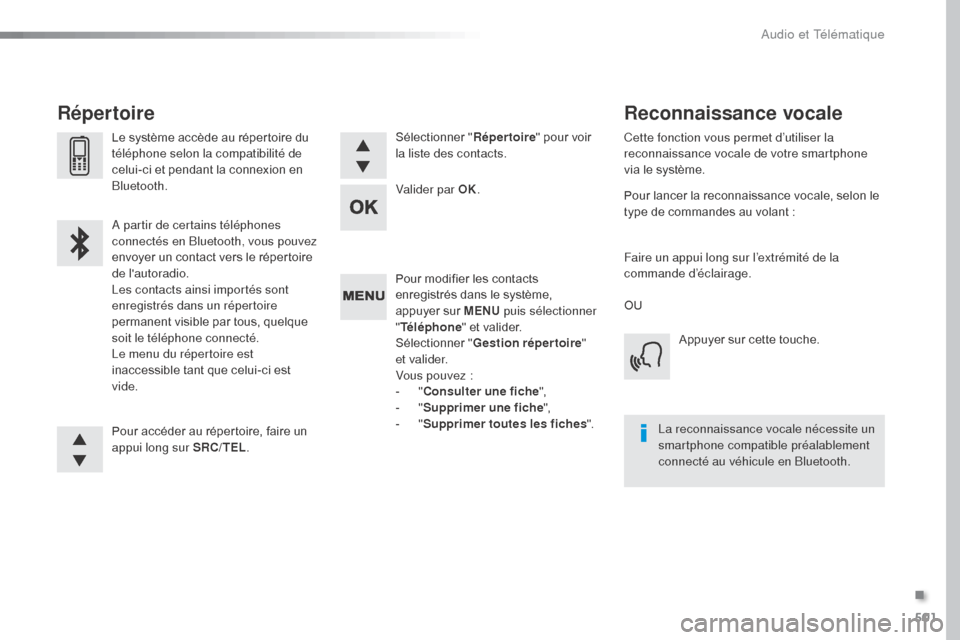 Peugeot Expert VU 2016 Manuel du propriétaire (in French) 501
Pour modifier les contacts
enregistrés dans le système,
appuyer sur MENU puis sélectionner
" Téléphone " et valider.
Sélectionner " Gestion répertoire "
e t va l i d e r.
Vous pouvez :
Peugeot Expert VU 2016 Manuel du propriétaire (in French) 501
Pour modifier les contacts
enregistrés dans le système,
appuyer sur MENU puis sélectionner
" Téléphone " et valider.
Sélectionner " Gestion répertoire "
e t va l i d e r.
Vous pouvez :