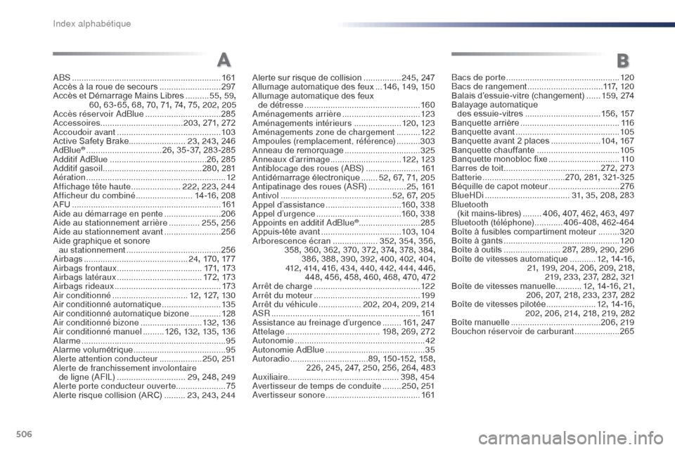 Peugeot Expert VU 2016  Manuel du propriétaire (in French) 506
ABS ...............................................................161
Accès à la roue de secours   ..........................297
Accès et Démarrage Mains Libres
  ..........55, 59 , 
 60 , 63