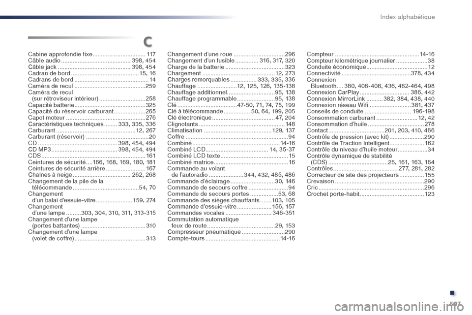 Peugeot Expert VU 2016  Manuel du propriétaire (in French) 507
Cabine approfondie fixe ................................117
Câble audio  .......................................... 398, 454
Câble jack
  ............................................ 398, 454
Ca