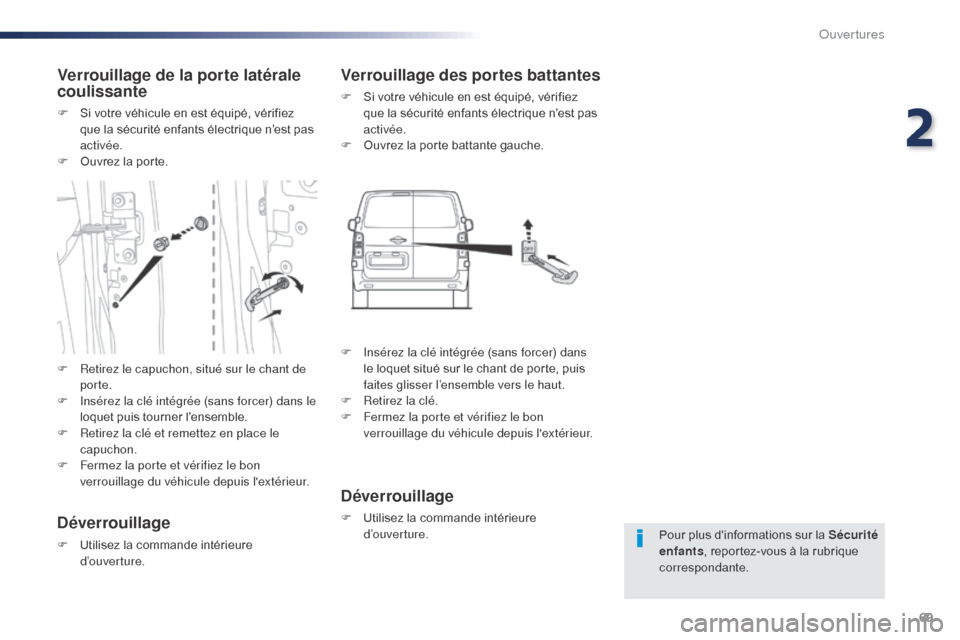 Peugeot Expert VU 2016 Manuel du propriétaire (in French) 69
Pour plus dinformations sur la Sécurité
enfants, reportez-vous à la rubrique
correspondante.
Verrouillage de la porte latérale
coulissante
F Si votre véhicule en est équipé, vérifiez q Peugeot Expert VU 2016 Manuel du propriétaire (in French) 69
Pour plus dinformations sur la Sécurité
enfants, reportez-vous à la rubrique
correspondante.
Verrouillage de la porte latérale
coulissante
F Si votre véhicule en est équipé, vérifiez q