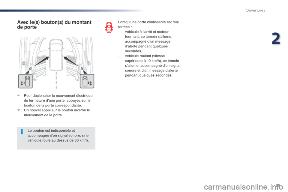 Peugeot Expert VU 2016 Manuel du propriétaire (in French) 83
F Pour déclencher le mouvement électrique de fermeture d’une porte, appuyez sur le
bouton de la porte correspondante.
F
U
n nouvel appui sur le bouton inverse le
mouvement de la porte.
Ave Peugeot Expert VU 2016 Manuel du propriétaire (in French) 83
F Pour déclencher le mouvement électrique de fermeture d’une porte, appuyez sur le
bouton de la porte correspondante.
F
U
n nouvel appui sur le bouton inverse le
mouvement de la porte.
Ave