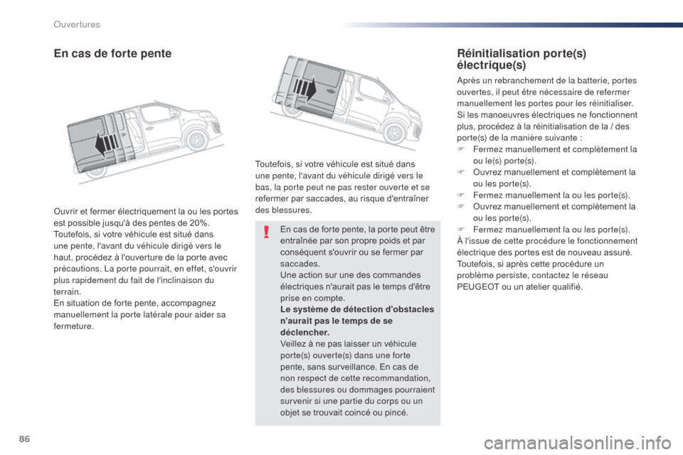 Peugeot Expert VU 2016 Manuel du propriétaire (in French) 86
En cas de forte pente, la porte peut être
entraînée par son propre poids et par
conséquent souvrir ou se fermer par
saccades.
Une action sur une des commandes
électriques naurait pas le Peugeot Expert VU 2016 Manuel du propriétaire (in French) 86
En cas de forte pente, la porte peut être
entraînée par son propre poids et par
conséquent souvrir ou se fermer par
saccades.
Une action sur une des commandes
électriques naurait pas le
