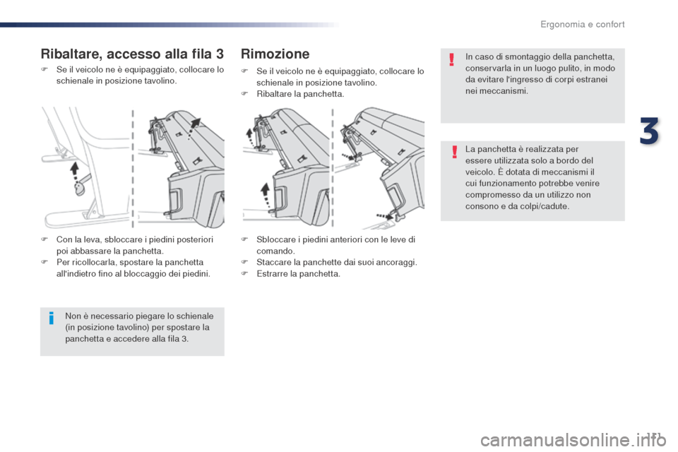 Peugeot Expert VU 2016  Manuale del proprietario (in Italian) 111
Expert_it_Chap03_ergonomie-et-confort_ed01-2016
F Se il veicolo ne è equipaggiato, collocare lo schienale in posizione tavolino.
F
 
S
 bloccare i piedini anteriori con le leve di 
comando.
F
 
S