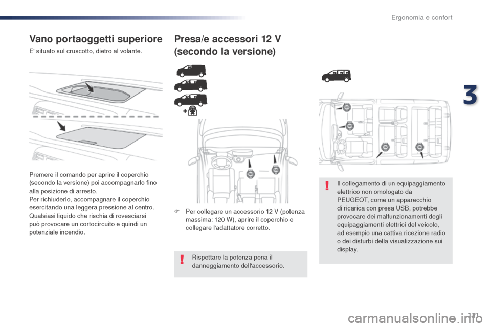Peugeot Expert VU 2016 Manuale del proprietario (in Italian) 121
Expert_it_Chap03_ergonomie-et-confort_ed01-2016
Vano portaoggetti superiore
E situato sul cruscotto, dietro al volante.
Premere il comando per aprire il coperchio
(secondo la versione) poi accom Peugeot Expert VU 2016 Manuale del proprietario (in Italian) 121
Expert_it_Chap03_ergonomie-et-confort_ed01-2016
Vano portaoggetti superiore
E situato sul cruscotto, dietro al volante.
Premere il comando per aprire il coperchio
(secondo la versione) poi accom