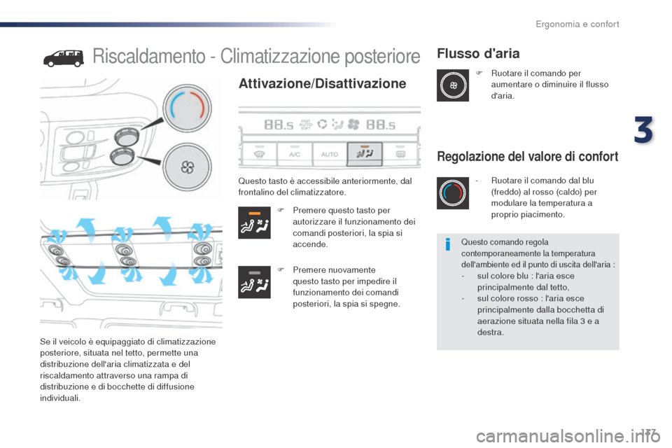 Peugeot Expert VU 2016 Manuale del proprietario (in Italian) 137
Expert_it_Chap03_ergonomie-et-confort_ed01-2016
Riscaldamento - Climatizzazione posteriore
Attivazione/Disattivazione
F Premere questo tasto per autorizzare il funzionamento dei
comandi posterior Peugeot Expert VU 2016 Manuale del proprietario (in Italian) 137
Expert_it_Chap03_ergonomie-et-confort_ed01-2016
Riscaldamento - Climatizzazione posteriore
Attivazione/Disattivazione
F Premere questo tasto per autorizzare il funzionamento dei
comandi posterior