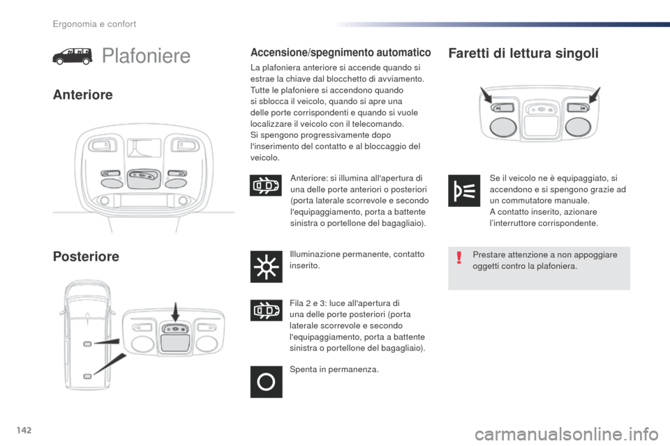 Peugeot Expert VU 2016 Manuale del proprietario (in Italian) 142
Expert_it_Chap03_ergonomie-et-confort_ed01-2016
Faretti di lettura singoli
PosteriorePlafoniereAccensione/spegnimento automatico
La plafoniera anteriore si accende quando si
estrae la chiave dal Peugeot Expert VU 2016 Manuale del proprietario (in Italian) 142
Expert_it_Chap03_ergonomie-et-confort_ed01-2016
Faretti di lettura singoli
PosteriorePlafoniereAccensione/spegnimento automatico
La plafoniera anteriore si accende quando si
estrae la chiave dal