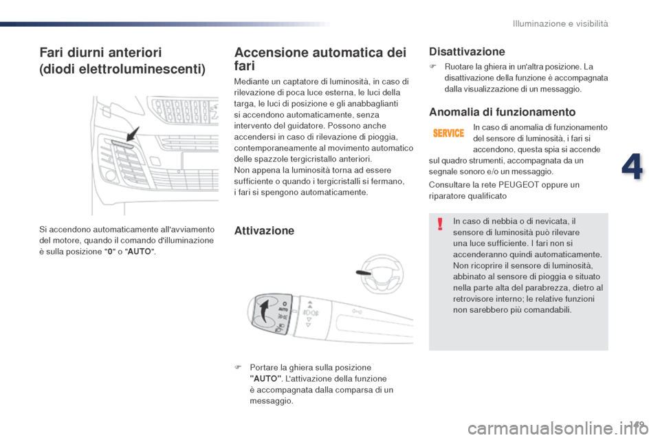 Peugeot Expert VU 2016 Manuale del proprietario (in Italian) 149
Expert_it_Chap04_eclairage-et-visibilite_ed01-2016
Fari diurni anteriori
(diodi elettroluminescenti)
Si accendono automaticamente allavviamento
del motore, quando il comando dilluminazione
è Peugeot Expert VU 2016 Manuale del proprietario (in Italian) 149
Expert_it_Chap04_eclairage-et-visibilite_ed01-2016
Fari diurni anteriori
(diodi elettroluminescenti)
Si accendono automaticamente allavviamento
del motore, quando il comando dilluminazione
è