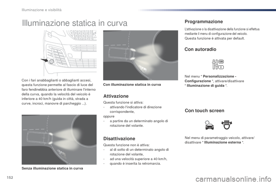 Peugeot Expert VU 2016 Manuale del proprietario (in Italian) 152
Expert_it_Chap04_eclairage-et-visibilite_ed01-2016
Nel menu di parametraggio veicolo, attivare/
disattivare " Illuminazione esterna ".
Con touch screen
Con autoradio
Nel menu " Personalizzazione - Peugeot Expert VU 2016 Manuale del proprietario (in Italian) 152
Expert_it_Chap04_eclairage-et-visibilite_ed01-2016
Nel menu di parametraggio veicolo, attivare/
disattivare " Illuminazione esterna ".
Con touch screen
Con autoradio
Nel menu " Personalizzazione -