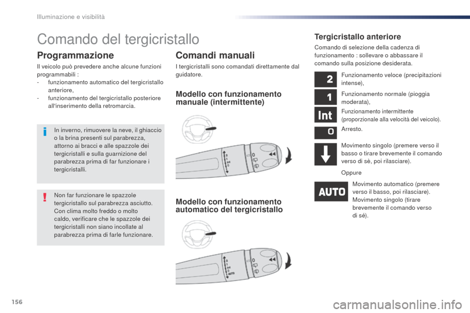 Peugeot Expert VU 2016 Manuale del proprietario (in Italian) 156
Expert_it_Chap04_eclairage-et-visibilite_ed01-2016
Comando del tergicristallo
Comandi manuali
I tergicristalli sono comandati direttamente dal
guidatore.
Programmazione
Il veicolo può prevedere Peugeot Expert VU 2016 Manuale del proprietario (in Italian) 156
Expert_it_Chap04_eclairage-et-visibilite_ed01-2016
Comando del tergicristallo
Comandi manuali
I tergicristalli sono comandati direttamente dal
guidatore.
Programmazione
Il veicolo può prevedere