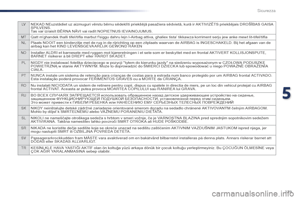 Peugeot Expert VU 2016 Manuale del proprietario (in Italian) 179
LVNEK AD NEuzstādiet uz aizmuguri vērstu bērnu sēdeklīti priekšējā pasažiera sēdvietā, kurā ir AKTIVIZĒTS priekšējais DROŠĪBAS GAISA
S P I LV E N S .
Tas var izraisīt BĒRNA NĀ Peugeot Expert VU 2016 Manuale del proprietario (in Italian) 179
LVNEK AD NEuzstādiet uz aizmuguri vērstu bērnu sēdeklīti priekšējā pasažiera sēdvietā, kurā ir AKTIVIZĒTS priekšējais DROŠĪBAS GAISA
S P I LV E N S .
Tas var izraisīt BĒRNA NĀ