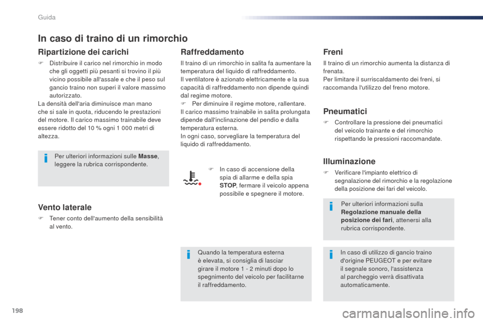 Peugeot Expert VU 2016 Manuale del proprietario (in Italian) 198
In caso di traino di un rimorchio
Ripartizione dei carichi
F Distribuire il carico nel rimorchio in modo che gli oggetti più pesanti si trovino il più
vicino possibile allassale e che il peso Peugeot Expert VU 2016 Manuale del proprietario (in Italian) 198
In caso di traino di un rimorchio
Ripartizione dei carichi
F Distribuire il carico nel rimorchio in modo che gli oggetti più pesanti si trovino il più
vicino possibile allassale e che il peso