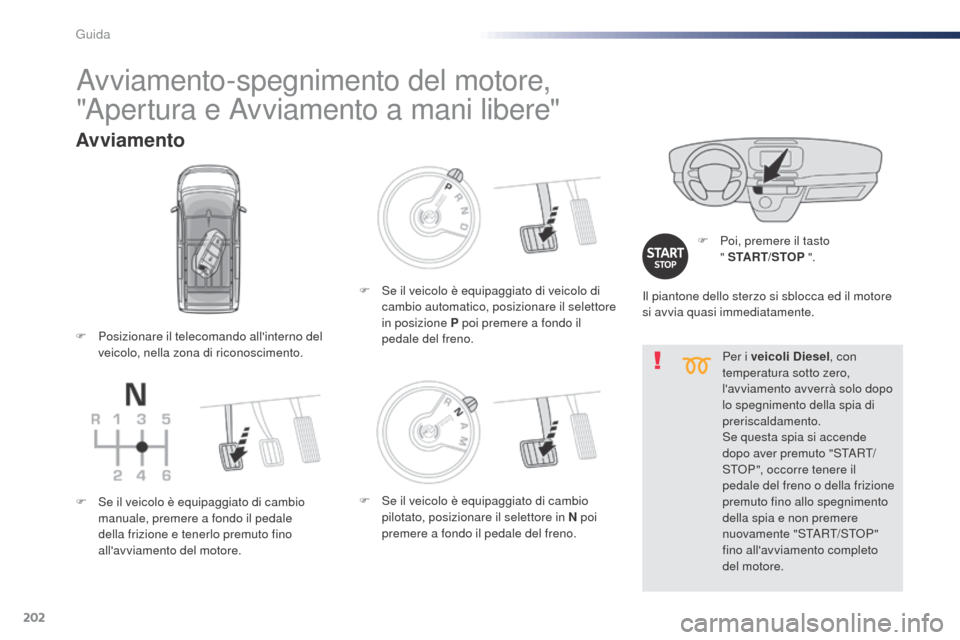 Peugeot Expert VU 2016 Manuale del proprietario (in Italian) 202
Per i veicoli Diesel, con
temperatura sotto zero,
lavviamento avverrà solo dopo
lo spegnimento della spia di
preriscaldamento.
Se questa spia si accende
dopo aver premuto "START/
STOP", occ Peugeot Expert VU 2016 Manuale del proprietario (in Italian) 202
Per i veicoli Diesel, con
temperatura sotto zero,
lavviamento avverrà solo dopo
lo spegnimento della spia di
preriscaldamento.
Se questa spia si accende
dopo aver premuto "START/
STOP", occ