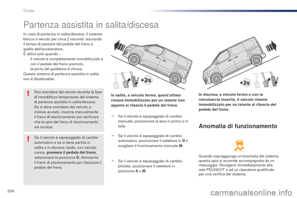 Peugeot Expert VU 2016 Manuale del proprietario (in Italian) 206
Partenza assistita in salita/discesa
In caso di partenza in salita/discesa, il sistema
blocca il veicolo per circa 2 secondi, lasciando
il tempo di passare dal pedale del freno a
quello della Peugeot Expert VU 2016 Manuale del proprietario (in Italian) 206
Partenza assistita in salita/discesa
In caso di partenza in salita/discesa, il sistema
blocca il veicolo per circa 2 secondi, lasciando
il tempo di passare dal pedale del freno a
quello della