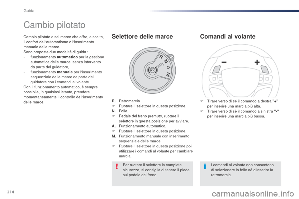 Peugeot Expert VU 2016 Manuale del proprietario (in Italian) 214
Cambio pilotato
R. Retromarcia
F
R uotare il selettore in questa posizione.
N.
F
olle.
F
Pe
dale del freno premuto, ruotare il
selettore in questa posizione per avviare.
A.
F
unzi Peugeot Expert VU 2016 Manuale del proprietario (in Italian) 214
Cambio pilotato
R. Retromarcia
F
R uotare il selettore in questa posizione.
N.
F
olle.
F
Pe
dale del freno premuto, ruotare il
selettore in questa posizione per avviare.
A.
F
unzi