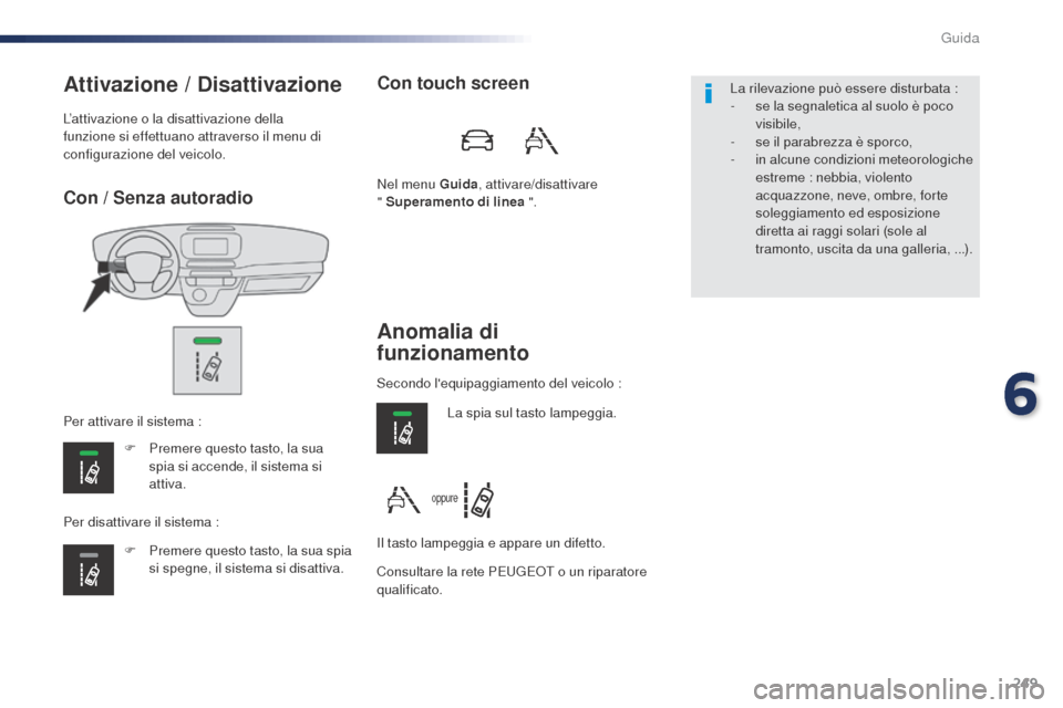 Peugeot Expert VU 2016 Manuale del proprietario (in Italian) 249
Con / Senza autoradio
Attivazione / Disattivazione
F Premere questo tasto, la sua spia si accende, il sistema si
attiva.
F
P
remere questo tasto, la sua spia
si spegne, il sistema si disattiv Peugeot Expert VU 2016 Manuale del proprietario (in Italian) 249
Con / Senza autoradio
Attivazione / Disattivazione
F Premere questo tasto, la sua spia si accende, il sistema si
attiva.
F
P
remere questo tasto, la sua spia
si spegne, il sistema si disattiv
