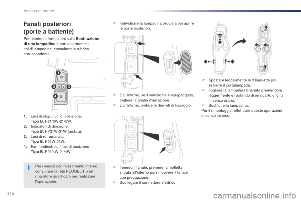 Peugeot Expert VU 2016 Manuale del proprietario (in Italian) 310
Expert_it_Chap08_En-cas-de-panne_ed01-2016
Fanali posteriori
(porte a battente)
Per ulteriori informazioni sulla Sostituzione
di una lampadina e particolarmente i
tipi di lampadine, consultare l Peugeot Expert VU 2016 Manuale del proprietario (in Italian) 310
Expert_it_Chap08_En-cas-de-panne_ed01-2016
Fanali posteriori
(porte a battente)
Per ulteriori informazioni sulla Sostituzione
di una lampadina e particolarmente i
tipi di lampadine, consultare l