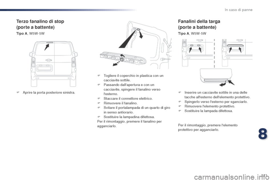 Peugeot Expert VU 2016 Manuale del proprietario (in Italian) 311
Expert_it_Chap08_En-cas-de-panne_ed01-2016
Fanalini della targa
(porte a battente)
Tipo A, W5W-5W
F
T
ogliere il coperchio in plastica con un
cacciavite sottile.
F
P
assando dallapertura e Peugeot Expert VU 2016 Manuale del proprietario (in Italian) 311
Expert_it_Chap08_En-cas-de-panne_ed01-2016
Fanalini della targa
(porte a battente)
Tipo A, W5W-5W
F
T
ogliere il coperchio in plastica con un
cacciavite sottile.
F
P
assando dallapertura e