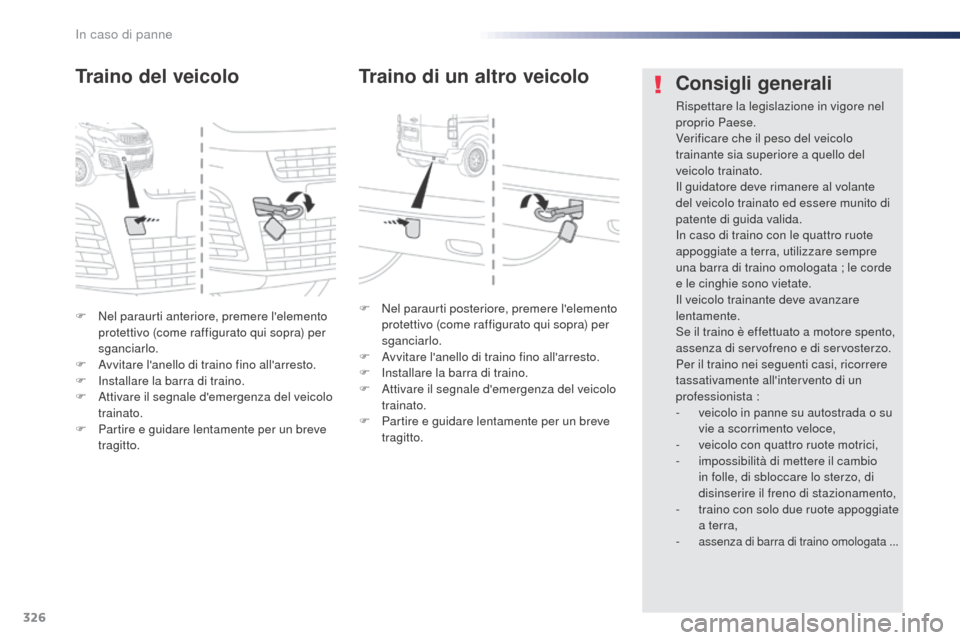 Peugeot Expert VU 2016 Manuale del proprietario (in Italian) 326
Expert_it_Chap08_En-cas-de-panne_ed01-2016
F Nel paraurti anteriore, premere lelemento protettivo (come raffigurato qui sopra) per
sganciarlo.
F
A
vvitare lanello di traino fino allarresto. Peugeot Expert VU 2016 Manuale del proprietario (in Italian) 326
Expert_it_Chap08_En-cas-de-panne_ed01-2016
F Nel paraurti anteriore, premere lelemento protettivo (come raffigurato qui sopra) per
sganciarlo.
F
A
vvitare lanello di traino fino allarresto.