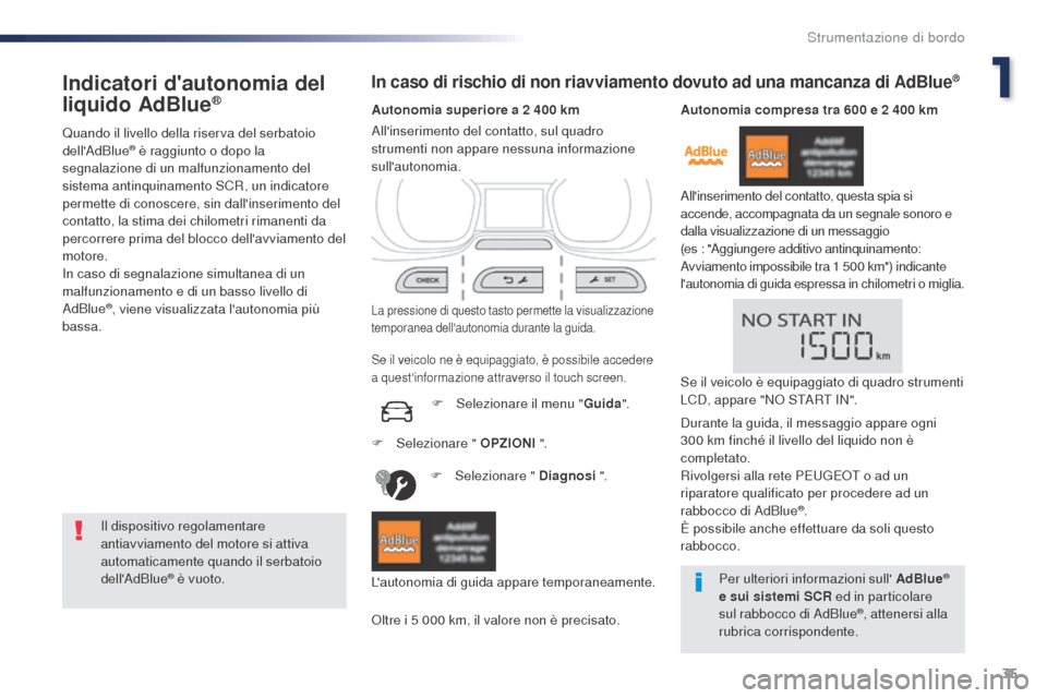 Peugeot Expert VU 2016 Manuale del proprietario (in Italian) 35
Expert_it_Chap01_instruments-de-bord_ed01-2016
Indicatori dautonomia del
liquido AdBlue®
Quando il livello della riserva del serbatoio
dellAdBlue® è raggiunto o dopo la
segnalazione di un m Peugeot Expert VU 2016 Manuale del proprietario (in Italian) 35
Expert_it_Chap01_instruments-de-bord_ed01-2016
Indicatori dautonomia del
liquido AdBlue®
Quando il livello della riserva del serbatoio
dellAdBlue® è raggiunto o dopo la
segnalazione di un m
