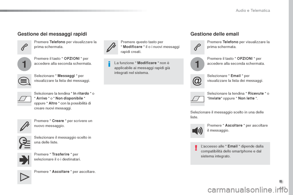 Peugeot Expert VU 2016 Manuale del proprietario (in Italian) 411
11
Expert_it_Chap10b_NAC-1_ed01-2016
Gestione delle email
Premere questo tasto per
" Modificare " il o i nuovi messaggi
rapidi creati. Premere Telefono
per visualizzare la
prima schermata.
Pr Peugeot Expert VU 2016 Manuale del proprietario (in Italian) 411
11
Expert_it_Chap10b_NAC-1_ed01-2016
Gestione delle email
Premere questo tasto per
" Modificare " il o i nuovi messaggi
rapidi creati. Premere Telefono
per visualizzare la
prima schermata.
Pr