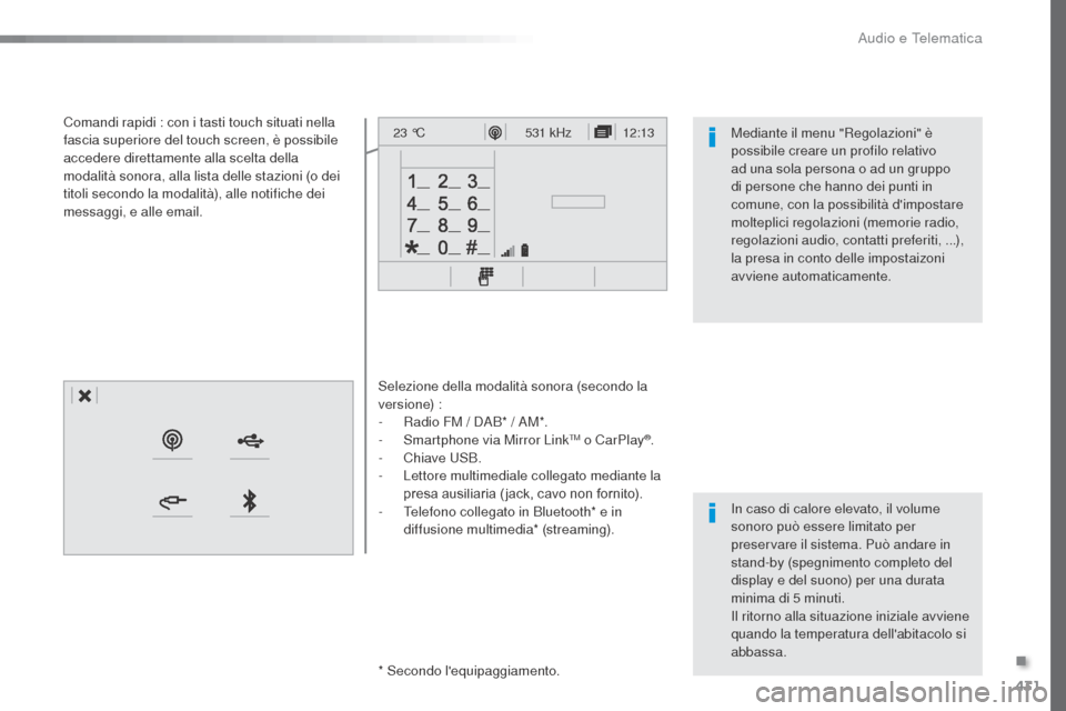 Peugeot Expert VU 2016 Manuale del proprietario (in Italian) 431
12:13
23 °C531 kHz
Expert_it_Chap10c_RCC-1_ed01-2016
Selezione della modalità sonora (secondo la
versione) :
-
R
adio FM / DAB* / AM*.
-
S
martphone via Mirror Link
TM o CarPlay®.
- Ch
i Peugeot Expert VU 2016 Manuale del proprietario (in Italian) 431
12:13
23 °C531 kHz
Expert_it_Chap10c_RCC-1_ed01-2016
Selezione della modalità sonora (secondo la
versione) :
-
R
adio FM / DAB* / AM*.
-
S
martphone via Mirror Link
TM o CarPlay®.
- Ch
i