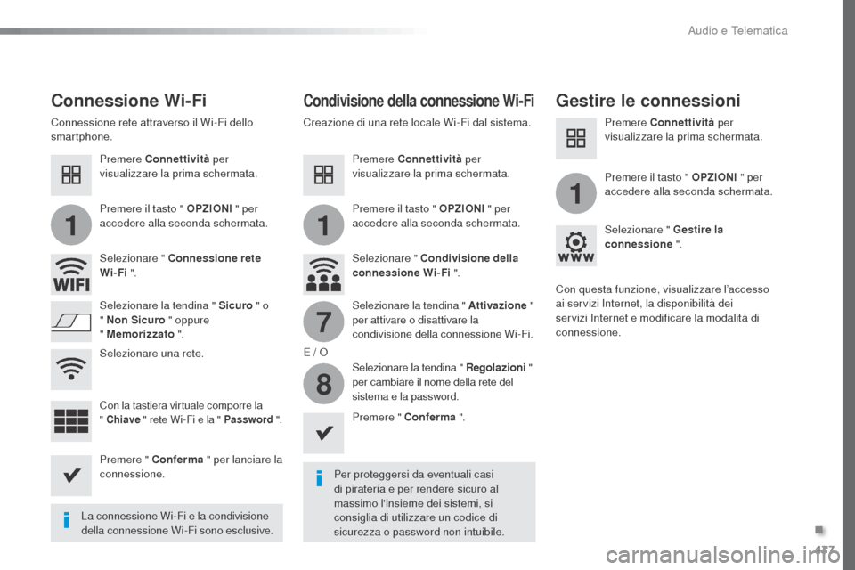 Peugeot Expert VU 2016 Manuale del proprietario (in Italian) 437
11
1
7
8
Expert_it_Chap10c_RCC-1_ed01-2016
Connessione Wi-FiCondivisione della connessione Wi-FiGestire le connessioni
Per proteggersi da eventuali casi
di pirateria e per rendere sicuro al
mass Peugeot Expert VU 2016 Manuale del proprietario (in Italian) 437
11
1
7
8
Expert_it_Chap10c_RCC-1_ed01-2016
Connessione Wi-FiCondivisione della connessione Wi-FiGestire le connessioni
Per proteggersi da eventuali casi
di pirateria e per rendere sicuro al
mass