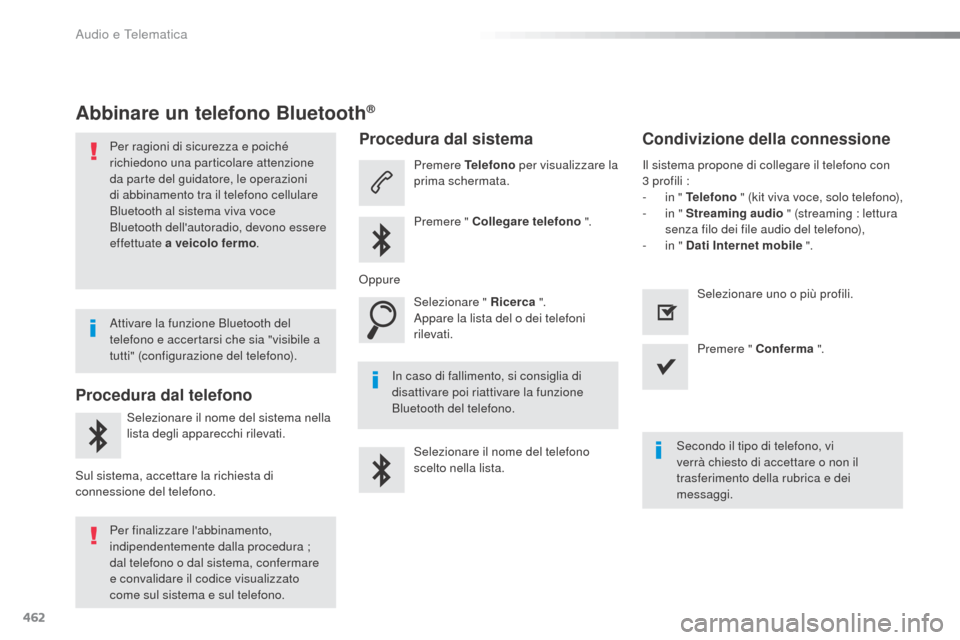 Peugeot Expert VU 2016 Manuale del proprietario (in Italian) 462
Expert_it_Chap10c_RCC-1_ed01-2016
Abbinare un telefono Bluetooth®
Per ragioni di sicurezza e poiché
richiedono una particolare attenzione
da parte del guidatore, le operazioni
di abbinamento Peugeot Expert VU 2016 Manuale del proprietario (in Italian) 462
Expert_it_Chap10c_RCC-1_ed01-2016
Abbinare un telefono Bluetooth®
Per ragioni di sicurezza e poiché
richiedono una particolare attenzione
da parte del guidatore, le operazioni
di abbinamento