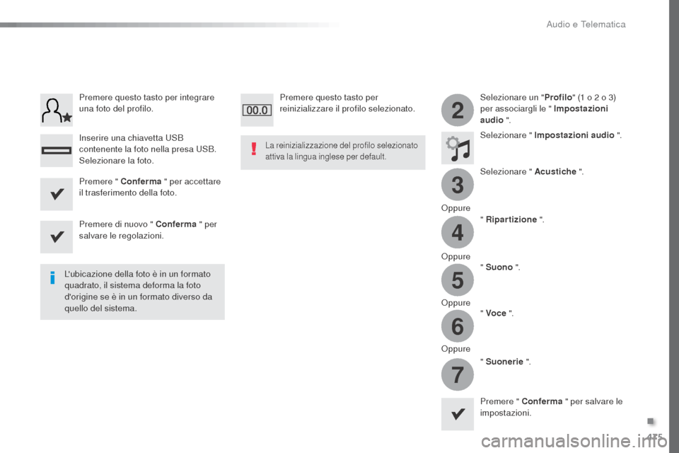 Peugeot Expert VU 2016 Manuale del proprietario (in Italian) 475
3
2
4
5
6
7
Expert_it_Chap10c_RCC-1_ed01-2016
Selezionare un "Profilo" (1 o 2 o 3)
per associargli le " Impostazioni
audio ".
Selezionare " Impostazioni audio ".
Selezionare " Acustiche " Peugeot Expert VU 2016 Manuale del proprietario (in Italian) 475
3
2
4
5
6
7
Expert_it_Chap10c_RCC-1_ed01-2016
Selezionare un "Profilo" (1 o 2 o 3)
per associargli le " Impostazioni
audio ".
Selezionare " Impostazioni audio ".
Selezionare " Acustiche "
