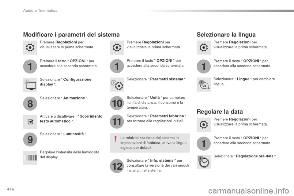 Peugeot Expert VU 2016 Manuale del proprietario (in Italian) 476
111
10
11
12
8
91
Expert_it_Chap10c_RCC-1_ed01-2016
Premere Regolazioni per
visualizzare la prima schermata. Premere Regolazioni
per
visualizzare la prima schermata.
Premere Regolazioni
per
v Peugeot Expert VU 2016 Manuale del proprietario (in Italian) 476
111
10
11
12
8
91
Expert_it_Chap10c_RCC-1_ed01-2016
Premere Regolazioni per
visualizzare la prima schermata. Premere Regolazioni
per
visualizzare la prima schermata.
Premere Regolazioni
per
v