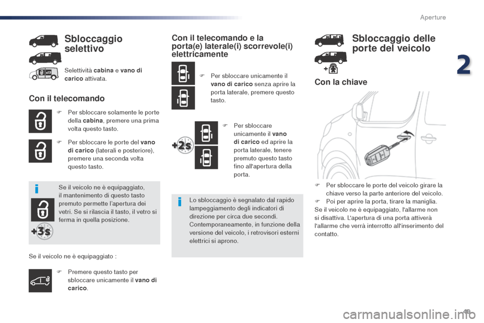 Peugeot Expert VU 2016  Manuale del proprietario (in Italian) 49
Expert_it_Chap02_ouvertures_ed01-2016
Con la chiave
F Per sbloccare solamente le porte della cabina , premere una prima 
volta questo tasto.
F
 
Pe
 r sbloccare le porte del vano  
di carico (later