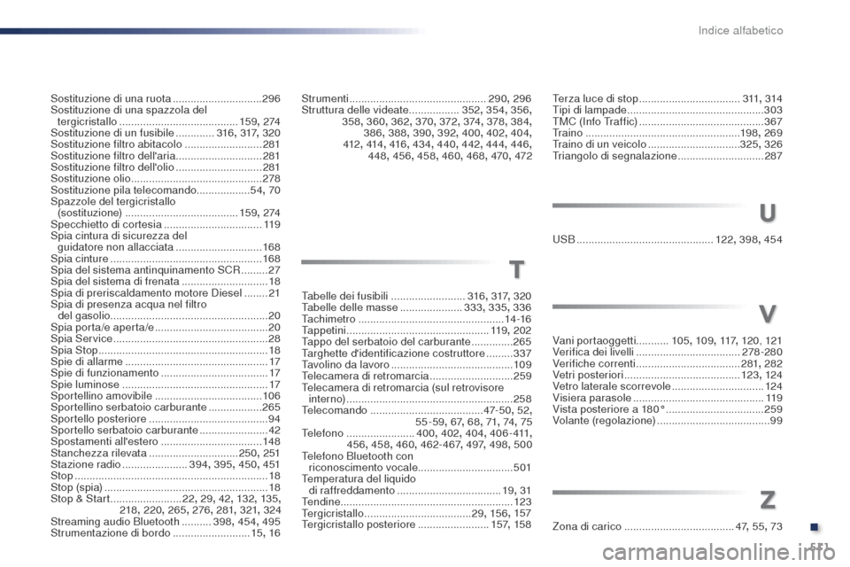 Peugeot Expert VU 2016 Manuale del proprietario (in Italian) 511
Expert_it_Chap11_index-alpha_ed01-2016
Terza luce di stop ..................................3 11, 314
Tipi di lampade .............................................. 303
TMC (Info Traffic)
..... Peugeot Expert VU 2016 Manuale del proprietario (in Italian) 511
Expert_it_Chap11_index-alpha_ed01-2016
Terza luce di stop ..................................3 11, 314
Tipi di lampade .............................................. 303
TMC (Info Traffic)
.....